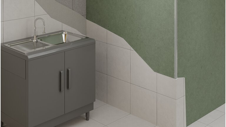 Küchenbereich mit halbfertiger Wand und Metall Schutzprofile